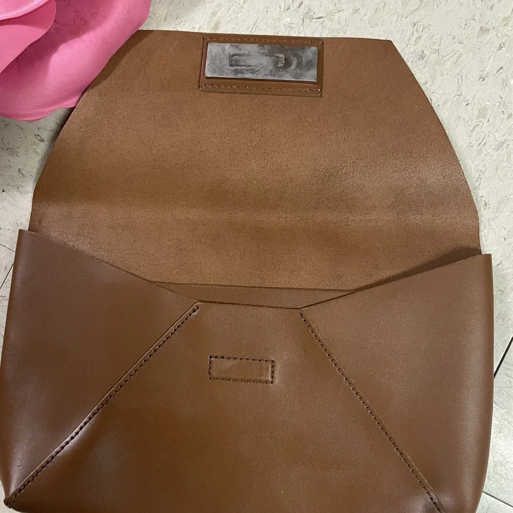 J CREW Brown Smooth‎ Leather Structured Flap Closure Envelope Clutch Monogrammed